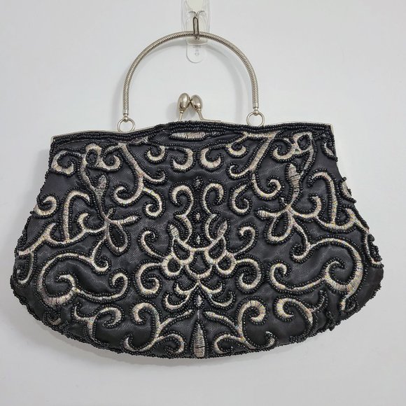 Black Beaded with Shimmery Pastel Ikat Pattern Satin Formal Evening Purse - Picture 1 of 7